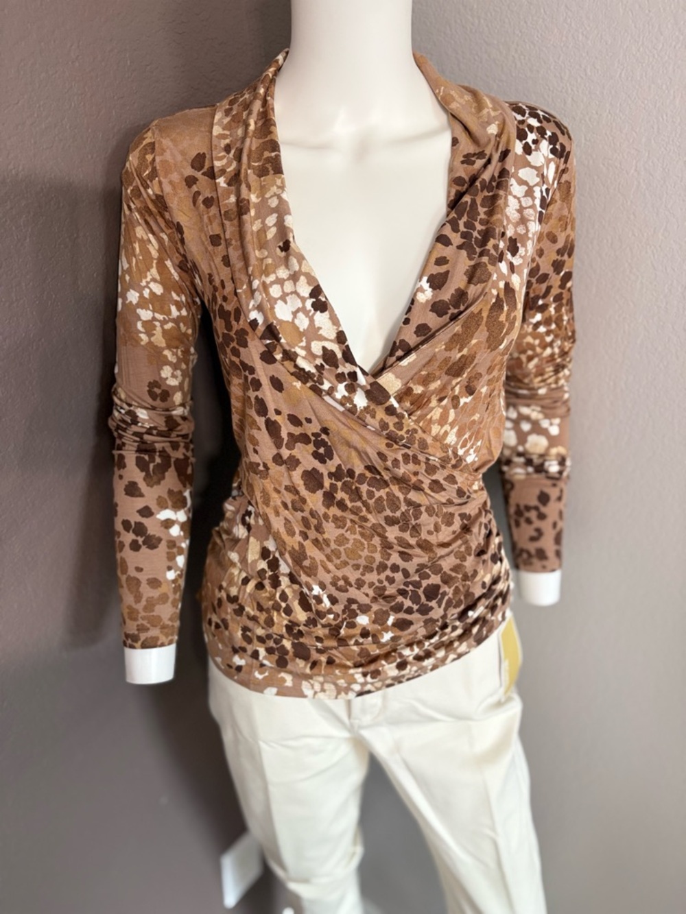Ann Taylor Brown & Cream Animal-Print Wrap Blouse